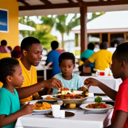 Caribbean Holidays, Guadeloupe October Holidays, Family enjoying colourful Creole food at an outdoor restaurant in Guadeloupe