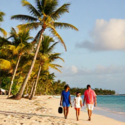 Caribbean Holidays, Guadeloupe October Holidays, Family walking along a palm-fringed Guadeloupe beach in warm October sunshine