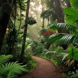 Caribbean Holidays, Guadeloupe October, Lush Guadeloupe rainforest in October with a winding trail, tropical plants and soft morning light
