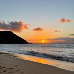 Caribbean Holidays, Guadeloupe October, Peaceful Guadeloupe sunset over a sandy beach with gentle waves and distant green hills