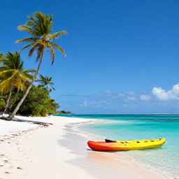 Caribbean Holidays, Guadeloupe October, Quiet Guadeloupe beach with clear turquoise water, palm trees and a small sea kayak near the shore