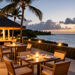 Caribbean Holidays, Guadeloupe October, Relaxed evening at a Guadeloupe all-inclusive resort with outdoor dining, warm lights and a view towards the Caribbean Sea