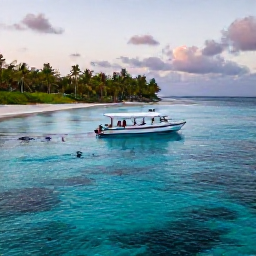 Caribbean Holidays, Guadeloupe Scuba Diving, Small dive boat leaving a palm-fringed Guadeloupe bay at sunrise with divers preparing for a reef trip