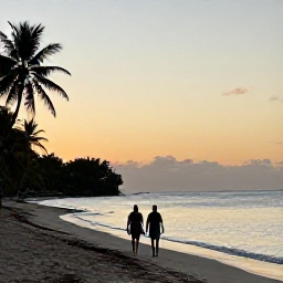 Caribbean Holidays, Guadeloupe September, A couple walking along a quiet Guadeloupe beach at sunset, with soft golden light, calm sea and palm silhouettes
