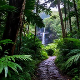 Caribbean Holidays, Guadeloupe September, A lush rainforest trail and waterfall in Guadeloupe National Park after a light tropical shower