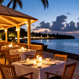 Caribbean Holidays, Guadeloupe September, A relaxed Guadeloupe evening with outdoor dining, Creole food and warm lights near the waterfront