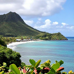 Caribbean Holidays, Guadeloupe September, A scenic Guadeloupe coastline with lush green hills, clear water and a small fishing village beneath tropical clouds