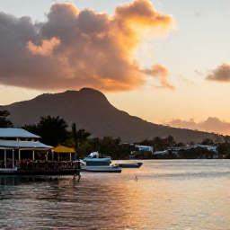 Caribbean Holidays, Guadeloupe September, A scenic Guadeloupe waterfront at sunset with caf&eacute;s, boats and tropical hills in the background