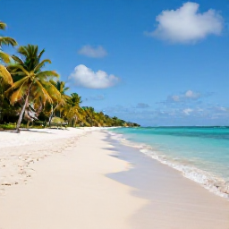 Caribbean Holidays, Guadeloupe September, A wide sandy beach in Guadeloupe with calm turquoise sea, palm trees and a relaxed September holiday atmosphere