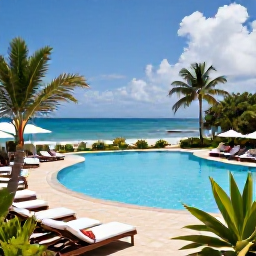 Caribbean Holidays, Guadeloupe September, An inviting all-inclusive resort pool in Guadeloupe overlooking the Caribbean, with sun loungers, tropical plants and guests relaxing