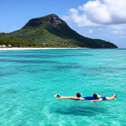Caribbean Holidays, Guadeloupe September, Calm turquoise Caribbean bay in Guadeloupe with snorkellers, colourful fish and green hills in the background