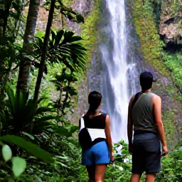 Caribbean Holidays, Guadeloupe September, Couple hiking through lush tropical rainforest towards a waterfall in Basse-Terre, Guadeloupe