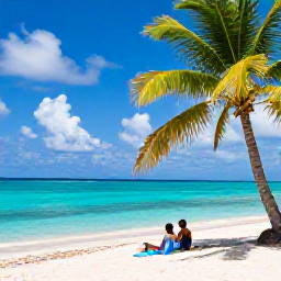 Caribbean Holidays, Guadeloupe September, Couple relaxing on a quiet Guadeloupe beach in September, turquoise water, fine sand and coconut palms
