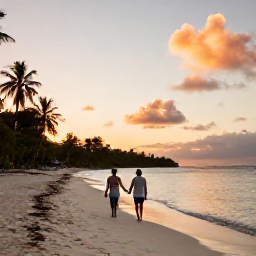 Caribbean Holidays, Guadeloupe September, Couple walking hand in hand along a quiet Caribbean beach in Guadeloupe at sunset