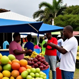 Caribbean Holidays, Guadeloupe September, Friendly local guide leading travellers through a colourful Guadeloupe village market with tropical fruit stalls