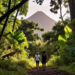 Caribbean Holidays, Guadeloupe September, Hikers walking through lush tropical rainforest on Guadeloupe with volcanic peaks and filtered morning sunlight