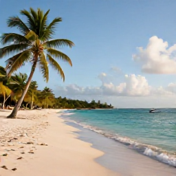 Caribbean Holidays, Guadeloupe September Holidays, A quiet palm-fringed beach in Guadeloupe with clear turquoise water, soft white sand and gentle morning sunshine