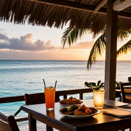 Caribbean Holidays, Guadeloupe September Holidays, A relaxed Guadeloupe beachfront restaurant at sunset with Creole food, tropical drinks and a view across the sea