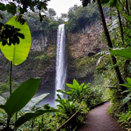 Caribbean Holidays, Guadeloupe September Holidays, Lush Guadeloupe rainforest with a waterfall, tropical plants and a walking trail in soft daylight