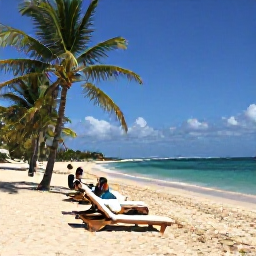 Caribbean Holidays, Guadeloupe September Holidays, Visitors relaxing on a beautiful Guadeloupe beach in September, with sun loungers, palm trees and calm Caribbean waves