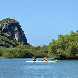Caribbean Holidays, Guadeloupe September, Kayakers paddling across calm blue water beside mangroves and limestone cliffs in Guadeloupe