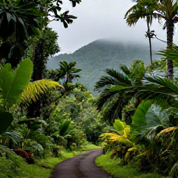 Caribbean Holidays, Guadeloupe September, Lush Guadeloupe rainforest in September, with tropical foliage, misty mountain slopes and a quiet walking trail