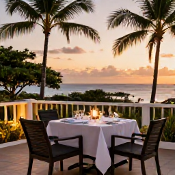 Caribbean Holidays, Guadeloupe September, Outdoor terrace at an adults-only Guadeloupe hotel at sunset, elegant table setting, palm trees and warm evening light
