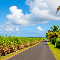 Caribbean Holidays, Guadeloupe September, Quiet Guadeloupe countryside with sugar cane fields, palm trees and a small coastal road under bright tropical skies