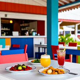Caribbean Holidays, Guadeloupe September, Romantic outdoor table with Creole food and drinks in a colourful Guadeloupe restaurant