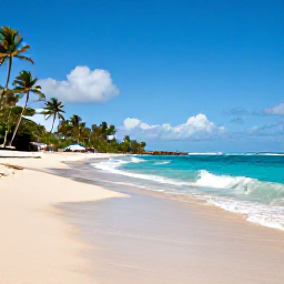 Caribbean Holidays, Guadeloupe September, Surfers riding gentle waves on a palm-fringed Guadeloupe beach under bright Caribbean skies