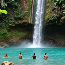 Caribbean Holidays, Guadeloupe September, Visitors swimming in a clear turquoise pool beneath a tropical waterfall in Guadeloupe rainforest