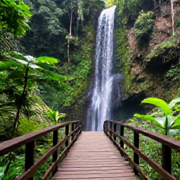 Caribbean Holidays, Guadeloupe September, Waterfall in Guadeloupe National Park surrounded by dense rainforest, with a wooden footbridge and tropical plants