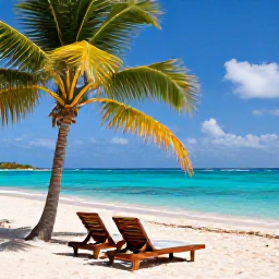 Caribbean Holidays, Guadeloupe September, White sandy beach with turquoise water, palm trees and two sun loungers in Guadeloupe