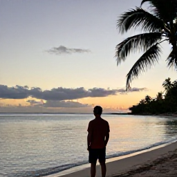 Caribbean Holidays, Guadeloupe Solo Holidays, A cheerful solo traveller watching the sunset from a Guadeloupe beach, with calm sea, warm evening colours and palm silhouettes