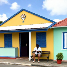 Caribbean Holidays, Guadeloupe Solo Holidays, A friendly outdoor caf&eacute; in Pointe-&agrave;-Pitre, Guadeloupe, with a solo traveller enjoying coffee beside colourful Creole buildings