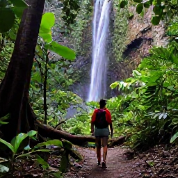 Caribbean Holidays, Guadeloupe Solo Holidays, A lush Guadeloupe rainforest waterfall surrounded by tropical plants, with a solo hiker on a shaded trail
