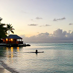 Caribbean Holidays, Guadeloupe Solo Holidays, A peaceful Guadeloupe beach at sunset with a solo traveller swimming in calm turquoise water and a small beachfront restaurant glowing nearby