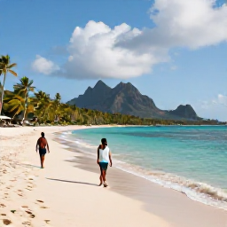 Caribbean Holidays, Guadeloupe Solo Holidays, A relaxed solo traveller walking along a bright sandy beach in Guadeloupe during April, with turquoise sea, palm trees and volcanic mountains in the distance