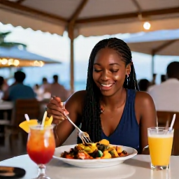 Caribbean Holidays, Guadeloupe Solo Holidays, A solo diner enjoying Creole seafood and tropical fruit at an outdoor restaurant in Guadeloupe during a warm May evening
