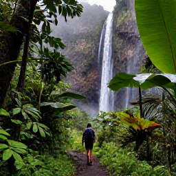 Caribbean Holidays, Guadeloupe Solo Holidays, A solo hiker on a lush rainforest trail in Guadeloupe National Park, with waterfalls, giant tropical leaves and misty volcanic scenery