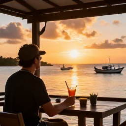 Caribbean Holidays, Guadeloupe Solo Holidays, A solo traveller enjoying a sunset drink at a relaxed seaside restaurant in Guadeloupe, with fishing boats and a warm evening sky