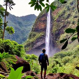 Caribbean Holidays, Guadeloupe Solo Holidays, A solo traveller hiking through Guadeloupe rainforest towards a waterfall, surrounded by green tropical vegetation and volcanic mountains