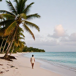 Caribbean Holidays, Guadeloupe Solo Holidays, A solo traveller walking along a quiet palm-fringed beach in Guadeloupe in June, with turquoise water and soft morning light