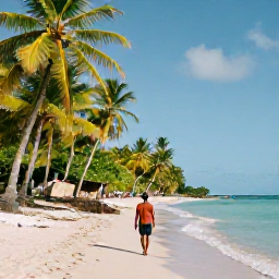 Caribbean Holidays, Guadeloupe Solo Holidays, A solo traveller walking along a quiet palm-fringed beach in Guadeloupe in warm November sunshine