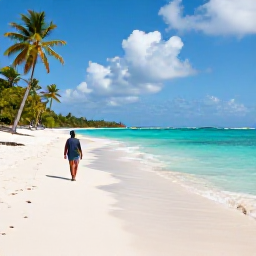 Caribbean Holidays, Guadeloupe Solo Holidays, A solo traveller walking along a quiet white-sand beach in Guadeloupe in May, with turquoise water, palm trees and bright tropical light