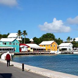 Caribbean Holidays, Guadeloupe Solo Holidays, A sunny Guadeloupe coastal town in May with colourful houses, a small harbour, caf&eacute;s and a solo traveller exploring on foot