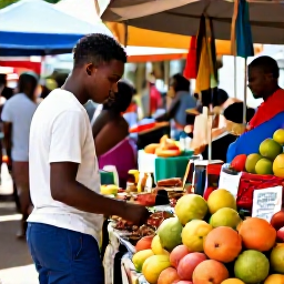 Caribbean Holidays, Guadeloupe Solo Holidays, A sunny Guadeloupe market scene with a solo traveller browsing colourful tropical fruit, spices and local crafts among friendly island vendors