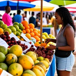 Caribbean Holidays, Guadeloupe Solo Holidays, Colourful Guadeloupe market with tropical fruit, spices and a solo visitor browsing local produce