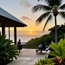 Caribbean Holidays, Guadeloupe Solo Holidays, Comfortable Guadeloupe guesthouse terrace at sunset with one traveller, tropical garden and relaxed Caribbean atmosphere