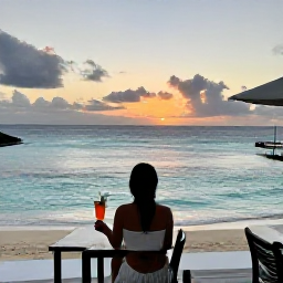 Caribbean Holidays, Guadeloupe Solo Holidays, Comfortable solo traveller enjoying a sunset drink at a Guadeloupe hotel terrace overlooking the Caribbean Sea